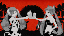 Rule 34 | 2girls, animal ears, animal print, asymmetry, bare arms, closed eyes, cow, cow print, cowlick, crop top, dot nose, fur collar, glass, hair between eyes, hatsune miku, highres, horns, horse, limited palette, long hair, midriff, multiple girls, navel, own hands together, pinocchio-p, red background, red theme, single animal ear, single horn, solo, strapless, tonchinkan no en (vocaloid), tube top, twintails, upper body, very long hair, vocaloid
