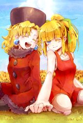Rule 34 | 2girls, android, bare shoulders, blonde hair, blue eyes, blush, breasts, capcom, coat, collarbone, colored eyelashes, doll joints, dress, earrings, closed eyes, flower, fur hat, hair ribbon, holding hands, hat, jewelry, joints, kalinka cossack (mega man), long hair, multiple girls, one eye closed, open mouth, pantyhose, ponytail, red dress, red skirt, ribbon, mega man (series), mega man (classic), roll (mega man), skirt, small breasts, smile, sunflower, teeth, tobikingyo, wink