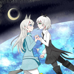 Rule 34 | 2girls, animal ears, black legwear, blue eyes, cat ears, cat tail, crescent moon, earth (planet), eila ilmatar juutilainen, enchant moko, eye contact, flower, fox ears, fox tail, green eyes, highres, holding hands, lily (flower), long hair, looking at another, military, military uniform, moon, multiple girls, necktie, pantyhose, planet, sanya v. litvyak, short hair, smile, space, strike witches, striker unit, tail, uniform, white hair, white legwear, world witches series