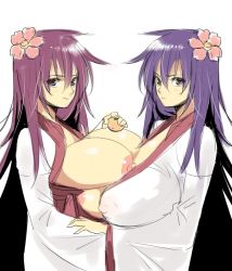 Rule 34 | asymmetrical docking, bad id, bad pixiv id, breast press, breast rest, breasts, huge breasts, japanese clothes, kimono, long hair, nipples, poporon, purple hair