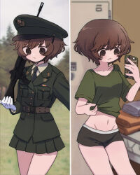 Rule 34 | 1girl, akiyama yukari, alternate costume, bed, black necktie, black panties, blurry, blush, boyshort panties, brown eyes, brown hair, brown shirt, cellphone, closed mouth, clothes lift, day, depth of field, dress shirt, frown, girls und panzer, gloves, green hair, green jacket, green shorts, green skirt, groin, gun, hat, highres, holding, holding gun, holding phone, holding weapon, indoors, jacket, japan ground self-defense force, japan self-defense force, lifting own clothes, locker, long sleeves, messy hair, military, military hat, miniskirt, multiple views, navel, necktie, outdoors, panties, peaked cap, phone, pleated skirt, ri (qrcode), rifle, selfie, shirt, shirt lift, short hair, shorts, skirt, smartphone, solo, standing at attention, t-shirt, underwear, weapon, white gloves, wing collar