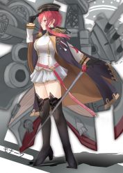 Rule 34 | 1girl, azur lane, black footwear, black gloves, black thighhighs, breasts, cane, cannon, epaulettes, full body, gem, gloves, gold trim, hair bun, half gloves, hat, high heels, highres, jacket, jacket on shoulders, large breasts, long hair, looking to the side, madotsukumo, medal, military, monarch (azur lane), pleated skirt, purple eyes, red gemstone, red hair, red ribbon, ribbon, simple background, single hair bun, skirt, solo, standing, thighhighs, uniform, white skirt, zettai ryouiki