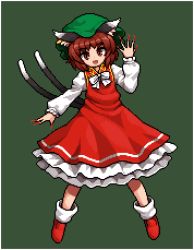 Rule 34 | 1girl, animal ears, bobby socks, bow, bowtie, brown hair, cat ears, cat tail, chen, dress, fingernails, frilled dress, frilled skirt, frills, full body, green hat, hat, long sleeves, looking at viewer, lowres, mob cap, multiple tails, namako daibakuhatsu, nekomata, pinafore dress, pixel art, red dress, red skirt, red vest, shirt, shoes, short hair, simple background, skirt, skirt set, sleeveless, sleeveless dress, smile, socks, solo, standing, tail, touhou, two tails, vest, white shirt, white socks, yellow bow, yellow bowtie