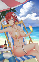 Rule 34 | 1girl, absurdres, beach, beach chair, blue eyes, blue sky, boudica (fate), breasts, crossed legs, fate/grand order, fate (series), highres, large breasts, looking at viewer, navel, ocean, red hair, reinaz, shore, short hair, short ponytail, sitting, sky, slingshot swimsuit, smile, solo, swimsuit, thighs