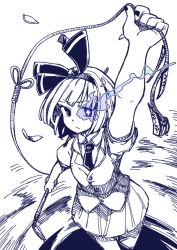 Rule 34 | 1girl, anarogumaaa, arm up, bad id, bad pixiv id, bow, closed mouth, cowboy shot, glowing, glowing eye, hair bow, holding, holding sword, holding weapon, konpaku youmu, looking at viewer, monochrome, short hair, short sleeves, skirt, solo, sword, touhou, weapon