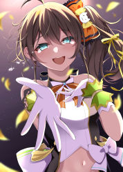 Rule 34 | 1girl, :d, ahoge, aqua eyes, armlet, bare shoulders, beckoning, blue eyes, blurry, blush, bow, brown hair, cat hair ornament, depth of field, earrings, gloves, hair between eyes, hair bow, hair ornament, happy tears, highres, hololive, idol, idol clothes, jewelry, looking at viewer, medium hair, midriff, natsuiro matsuri, navel, neck ribbon, nonstop story, official alternate costume, open mouth, orange ribbon, reaching, reaching towards viewer, rei (rei 9146), ribbon, side ponytail, sleeveless, smile, solo, tears, teeth, upper body, upper teeth only, vest, virtual youtuber, white gloves