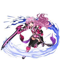 1girl ahoge attack_trail blue_fire boots dress elemental_story fire flower full_body hair_flower hair_ornament holding holding_sword holding_weapon jacket kyrie_florian long_hair lyrical_nanoha magical_girl mahou_shoujo_lyrical_nanoha_detonation off_shoulder official_art open_mouth pink_dress pink_hair pink_jacket solo sword thighhighs transparent_background variant_zapper waist_cape weapon