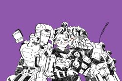 Rule 34 | 1girl, 2boys, apex legends, blush, bodysuit, bug (silkworm hnw), closed eyes, facial hair, goatee, goggles, goggles on head, greyscale with colored background, hair bun, humanoid robot, kiss, kissing cheek, mirage (apex legends), multiple boys, pathfinder (apex legends), purple background, robot, scarf, single hair bun, smile, spot color, wraith (apex legends)
