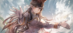Rule 34 | 1girl, aiguillette, animal ears, atago (azur lane), azur lane, bad id, bad pixiv id, blush, breasts, brown eyes, brown hair, buttons, closed mouth, epaulettes, extra ears, floating hair, gloves, hair ribbon, highres, large breasts, long hair, long sleeves, looking at viewer, military, military uniform, mole, mole under eye, outdoors, outstretched arms, ribbon, sky, smile, solo, suru (ksoo420), swept bangs, uniform, very long hair, white gloves, white ribbon