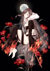 Rule 34 | 1girl, absurdres, bare shoulders, barefoot, black background, black bow, black dress, black jacket, bow, braid, breasts, brown hair, dress, ear piercing, fate/grand order, fate (series), fire, floating, flower, from side, full body, full moon, fur-trimmed jacket, fur trim, highres, jacket, lizi13896363898, long hair, long sleeves, looking at viewer, medium breasts, moon, navel, open clothes, open jacket, parted lips, petals, piercing, red eyes, red flower, revealing clothes, solo, strapless, strapless dress, sword, very long hair, weapon, yu mei-ren (fate)