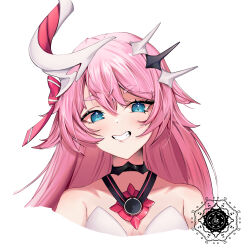 Rule 34 | 1girl, bare shoulders, blue eyes, breasts, collarbone, commentary, cropped torso, dress, hair between eyes, head tilt, highres, honkai (series), honkai impact 3rd, long hair, looking at viewer, mimi (mixnxart), pink hair, rozaliya olenyeva, short eyebrows, simple background, small breasts, solo, strapless, strapless dress, thick eyebrows, upper body, watermark, white background, white dress