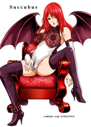 Rule 34 | 1girl, asagi yoshimitsu, bare shoulders, bat wings, boots, breasts, chair, crotch zipper, demon girl, detached sleeves, gloves, large breasts, long hair, original, red hair, solo, spread legs, demon girl, thigh boots, thighhighs, wings, zipper