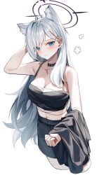 Rule 34 | 1girl, absurdres, ahoge, alternate costume, animal ear fluff, animal ears, arm behind head, bare shoulders, black choker, black halo, black jacket, black skirt, blue archive, blue eyes, blush, breasts, broken halo, choker, cleavage, clenched hand, closed mouth, commentary request, crop top, cropped legs, cross, cross hair ornament, earrings, extra ears, grey hair, hair behind ear, hair between eyes, hair ornament, hair over shoulder, halo, highres, inverted cross, jacket, unworn jacket, jewelry, large breasts, light frown, long hair, looking at viewer, midriff, mismatched pupils, navel, shiroko (blue archive), shiroko terror (blue archive), simple background, skirt, slit pupils, solo, split mouth, sugar (dndi888), sweatdrop, very long hair, white background, wolf ears