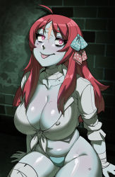 Rule 34 | 1girl, :p, ahoge, bad id, bad pixiv id, bandages, breasts, cleavage, colored skin, front-tie top, green panties, grey skin, highres, large breasts, long hair, maniacpaint, minamoto sakura, panties, patchwork skin, pink eyes, red hair, scar, scar on face, scar on forehead, shiny skin, sitting, skindentation, sleeves pushed up, solo, thick thighs, thighs, tongue, tongue out, underwear, zombie, zombie land saga