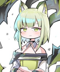 Rule 34 | 1girl, animal ear fluff, animal ears, arknights, bare shoulders, black choker, blush, choker, collarbone, crossed arms, dress, eyebrows hidden by hair, green dress, green eyes, green hair, highres, jacket, kal&#039;tsit (arknights), looking at viewer, off-shoulder jacket, off shoulder, parted lips, simple background, solo, spam (spamham4506), sweat, upper body, white background, white jacket