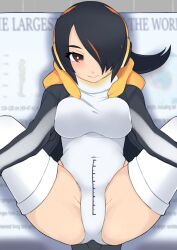 Rule 34 | 1girl, black hair, breasts, brown eyes, chart, closed mouth, commentary request, covered navel, dick-o-meter, emperor penguin (kemono friends), feet out of frame, female focus, hair over one eye, headphones, highres, illu (illu stratos), kemono friends, large breasts, length markings, leotard, long hair, looking at viewer, measuring, multicolored hair, orange hair, penis measuring, smile, solo, spread legs, streaked hair, thighhighs, white leotard, white thighhighs