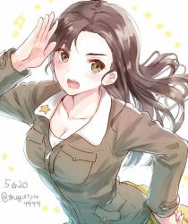 Rule 34 | 10s, 1girl, asymmetrical bangs, bad id, bad pixiv id, breasts, brown eyes, brown hair, brown jacket, cleavage, dated, girls und panzer, hand on own hip, jacket, leaning to the side, long hair, long sleeves, looking at viewer, macho ojiji, medium breasts, military, military uniform, nishi kinuyo, open mouth, pleated skirt, salute, shirt, skirt, smile, solo, standing, twitter username, uniform, upper body, white shirt, yellow skirt