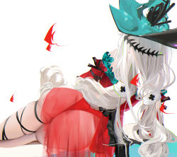 Rule 34 | aqua gloves, aqua headwear, arknights, ass, butt crack, clothing cutout, dress, from behind, gloves, leg ribbon, long hair, low-tied long hair, lying, official alternate costume, omone hokoma agm, on side, orca hair ornament, red dress, red skirt, ribbon, see-through, see-through skirt, silver hair, skadi (arknights), skindentation, skirt, solo, thick thighs, thigh cutout, thigh strap, thighs, white background