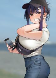 Rule 34 | 1girl, baseball cap, black hat, blue pants, blush, breasts, brown eyes, cellphone, clenched teeth, commentary request, corrupted twitter file, denim, elder cousin (igarashi kyouhei), fingernails, hair ornament, hairclip, hat, highres, holding, holding phone, igarashi kyouhei, jeans, large breasts, long hair, looking at viewer, original, pants, phone, purple hair, shirt, short hair, smile, solo, t-shirt, teeth, white shirt