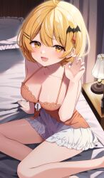 Rule 34 | 1girl, aamana0, absurdres, ahoge, bare shoulders, bat hair ornament, blonde hair, blush, breasts, cleavage, collarbone, fang, hair ornament, hairclip, highres, hololive, large breasts, looking at viewer, open mouth, short hair, skin fang, smile, solo, thighs, virtual youtuber, yellow eyes, yozora mel