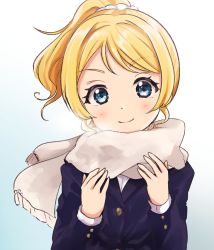 Rule 34 | 1girl, artist name, artist request, ayase eli, black jacket, blonde hair, blue cardigan, blue eyes, blue jacket, blush, breasts, cardigan, close-up, collared shirt, female focus, hair between eyes, hair ornament, hair scrunchie, high ponytail, highres, jacket, long hair, long sleeves, looking at viewer, love live!, love live! school idol project, otonokizaka school uniform, parted lips, ponytail, scarf, school uniform, scrunchie, shirt, short hair, short sleeves, small breasts, smile, solo, upper body, white scarf, white scrunchie, white shirt