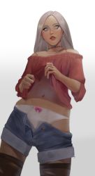 Rule 34 | 1girl, blue shorts, choker, clothes lift, earrings, gradient background, grey background, grey eyes, grey hair, highres, jewelry, long hair, long sleeves, navel, necklace, off-shoulder shirt, off shoulder, original, panties, parted lips, pokoporoko, red shirt, shadow, shirt, shirt lift, shorts, solo, open fly, underwear, white background, white panties