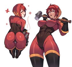 Rule 34 | 1girl, :d, abs, ass, black footwear, black gloves, blush, bodysuit, breasts, commentary, dispenser (team fortress), english commentary, flame print, from behind, genderswap, genderswap (otf), gloves, half-closed eyes, hammer, hands up, healing, highres, holding, holding weapon, hood, hood up, impossible clothes, large breasts, leaning forward, looking at viewer, looking back, looking down, multiple views, muscular, muscular female, open mouth, pyro (tf2), red bodysuit, red eyes, red pyro (tf2), simple background, skin tight, sledgehammer, smile, team fortress 2, variant set, weapon, weapon on back, wersman, white background, zipper