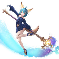 Rule 34 | 1girl, animal ears, arm up, blue dress, blue eyes, blue gloves, blue hair, dress, elin, fox ears, fox tail, full body, gloves, high heels, highres, huge weapon, leg up, legs, open mouth, shoes, short dress, short hair, simple background, solo, staff, standing, standing on one leg, star (symbol), tail, tera online, thigh strap, thighs, weapon, white background, wind, wind lift