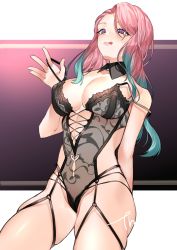 Rule 34 | 1girl, absurdres, blue hair, breasts, cleavage, gradient hair, highres, large breasts, licking lips, lingerie, long hair, lumilive, multicolored hair, nonochi0120, off shoulder, pink hair, purple eyes, reiyu guigui, skindentation, solo, strap pull, tongue, tongue out, two-tone hair, underwear, virtual youtuber