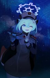 Rule 34 | 1girl, absurdres, animal ears, blue archive, bonefire0909, cape, dress, flask, gloves, green hair, grey dress, grey gloves, halo, highres, night, night sky, one eye closed, purple eyes, shigure (blue archive), sky, visible air