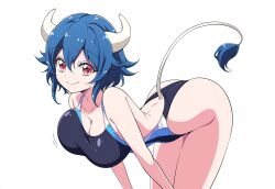 Rule 34 | 1girl, ass, blue hair, blush, bouncing breasts, breasts, cleavage, closed mouth, collarbone, competition swimsuit, cow girl, cow horns, cow tail, horns, jashin-chan dropkick, large breasts, looking at viewer, minos (jashin-chan dropkick), one-piece swimsuit, red eyes, short hair, smile, solo, swimsuit, tail