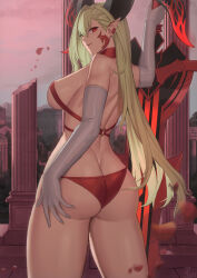 Rule 34 | 1girl, absurdres, ass, bikini, blonde hair, breasts, butt crack, elbow gloves, fate/grand order, fate (series), from behind, gloves, highres, horns, kakeku, large breasts, long hair, looking at viewer, looking back, nero claudius (fate), nero claudius (fate) (all), parted lips, pointy ears, queen draco (fate), queen draco (third ascension) (fate), red bikini, red eyes, smile, swimsuit, thighs, underboob, weapon, white gloves