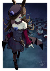 Rule 34 | 1girl, absurdres, animal ears, bare shoulders, black footwear, blue dress, blue flower, blue rose, breasts, brown hair, brown pantyhose, closed mouth, collarbone, dagger, dated, dress, eye trail, flower, frown, fur choker, gashitani, hair over one eye, hat, hat flower, highres, horse ears, knife, light trail, long hair, long sleeves, night, off-shoulder dress, off shoulder, outdoors, pantyhose, purple eyes, purple hat, rice shower (umamusume), rose, sheath, sheathed, shoes, signature, small breasts, solo, strappy heels, umamusume, unworn shoes, walking, weapon, white footwear