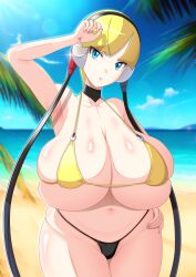 Rule 34 | 1girl, beach, bikini, breasts, cleavage, creatures (company), curvy, day, elesa (pokemon), game freak, headphones, highres, huge breasts, long hair, looking at viewer, navel, nintendo, outdoors, palm tree, pokemon, pokemon bw, s.forest, sky, solo, standing, standing on one leg, swimsuit, thick thighs, thighs, tree
