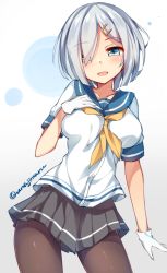 Rule 34 | 10s, 1girl, blue eyes, blush, breasts, brown pantyhose, buttons, collarbone, eyes visible through hair, gloves, hair ornament, hair over one eye, hairclip, hamakaze (kancolle), hand on own chest, kantai collection, large breasts, looking at viewer, md5 mismatch, neckerchief, open mouth, pantyhose, pleated skirt, resolution mismatch, school uniform, serafuku, short hair, short sleeves, silver hair, skirt, smile, solo, source smaller, twitter username, unacchi (nyusankin), white gloves, yellow neckerchief