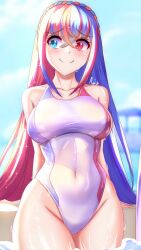 Rule 34 | 1girl, alear (female) (fire emblem), alear (fire emblem), alternate costume, anisdrawn, blue eyes, blue hair, blush, braid, breasts, crossed bangs, fire emblem, fire emblem engage, heterochromia, highres, large breasts, long hair, looking at viewer, multicolored hair, nervous smile, nintendo, one-piece swimsuit, red eyes, red hair, smile, solo, split-color hair, swimsuit, thick thighs, thighs, tiara, two-tone hair, very long hair, wet, wet clothes, wet swimsuit, white one-piece swimsuit