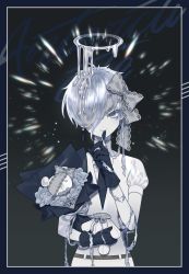 Rule 34 | 1other, androgynous, antarcticite, belt, black gloves, black necktie, border, bouquet, character name, closed mouth, commentary, dripping, finger to mouth, flower, gem uniform (houseki no kuni), gloves, grey eyes, grey flower, grey ribbon, hair ribbon, halo, highres, holding, houseki no kuni, index finger raised, lace, lace-trimmed ribbon, lace trim, looking at viewer, minjye, necktie, one eye covered, other focus, puffy short sleeves, puffy sleeves, ribbon, short hair, short sleeves, shushing, silver hair, simple background, smile, solo, sparkle, stuffed animal, stuffed toy, teddy bear
