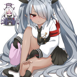 Rule 34 | 2girls, ahoge, armband, barefoot, black coat, black gloves, black necktie, black socks, blue archive, blurry, blush, chibi, chibi inset, cleaning, coat, coat on shoulders, commentary request, crossed arms, dark-skinned female, dark skin, demon girl, demon horns, demon wings, depth of field, fur-trimmed coat, fur trim, gloves, grey hair, hair ornament, hair over one eye, hairclip, halo, hina (blue archive), holding, holding clothes, holding legwear, horns, iori (blue archive), knee up, kneehighs, unworn kneehighs, leaning forward, long hair, long sleeves, looking at another, looking away, military, military uniform, multiple girls, necktie, o (rakkasei), open clothes, open coat, parted bangs, pointy ears, ponytail, purple eyes, red eyes, shaded face, sidelocks, single kneehigh, single sock, sitting, socks, soles, solo focus, staring, toes, twintails, two-tone gloves, uniform, white background, white hair, wings