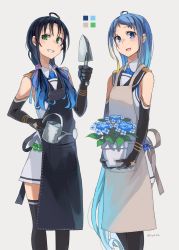 Rule 34 | 2girls, ahoge, apron, black apron, black gloves, black legwear, blonde hair, blue eyes, blue flower, blue hair, elbow gloves, flower, flower pot, gloves, gradient hair, green eyes, grey background, grin, highres, holding, hydrangea, kantai collection, long hair, low twintails, multicolored hair, multiple girls, open mouth, samidare (kancolle), simple background, smile, sugue tettou, suzukaze (kancolle), thighhighs, trowel, twintails, twitter username, watering can, white apron
