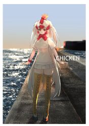 Rule 34 | 1girl, bird girl, bird tail, bird wings, boots, bow, bowtie, chicken (kemono friends), full body, hair between eyes, head wings, highres, kemono friends, long hair, multicolored hair, ocean, orange eyes, pleated skirt, red bow, red bowtie, red hair, shirt, shore, short sleeves, sidelocks, skirt, solo, standing, sweater, t-shirt, tail, thigh boots, thighhighs, two-tone hair, white hair, white shirt, white skirt, white sweater, wings, yappa muri, yellow footwear, zettai ryouiki