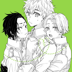 Rule 34 | 3boys, aged down, burn scar, closed mouth, coppe, frown, gloves, green background, greyscale with colored background, hanagaki takemichi, hug, inui seishu, jacket, kokonoi hajime, looking at viewer, male focus, multiple boys, open mouth, scar, scar on face, short hair, simple background, sweatdrop, tokyo revengers, upper body
