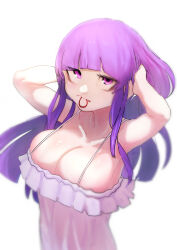 Rule 34 | 1girl, absurdres, armpits, bags under eyes, blunt bangs, breasts, cleavage, closed mouth, commentary request, dress, expressionless, hair tie in mouth, hands in hair, highres, hime cut, large breasts, long hair, looking at viewer, medium bangs, mouth hold, no headwear, patchouli knowledge, pink dress, pink eyes, purple hair, sidelocks, simple background, sleeveless, sleeveless dress, solo, sotatsudraw, touhou, upper body, white background