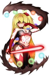Rule 34 | 1girl, aged up, alternate costume, armor, bikini armor, blonde hair, boots, breasts, curvy, energy sword, flandre scarlet, full-body tattoo, gloves, highres, hip focus, large breasts, lightsaber, loincloth, nanostar, red eyes, side ponytail, sith, smile, solo, star wars, star wars: legacy, sword, tattoo, thigh boots, thighhighs, touhou, transparent background, weapon, wings
