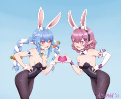 Rule 34 | 2021, 2girls, absurdres, aisuman, animal ear fluff, animal ears, arm strap, artist name, asymmetrical gloves, bare shoulders, bat hair ornament, black choker, black leotard, blue background, blue hair, bracelet, braid, breasts, bridal gauntlets, carrot hair ornament, choker, collarbone, cowboy shot, diamond-shaped pupils, diamond (shape), fake animal ears, fangs, female focus, fishnet pantyhose, fishnets, food-themed hair ornament, fur bracelet, gloves, hair ornament, hairclip, hand on own hip, heart, heart hands, highres, hololive, jewelry, leaning forward, leotard, long hair, looking at another, medium breasts, multiple girls, original, pantyhose, pink eyes, pink hair, playboy bunny, pointy ears, purple choker, purple eyes, rabbit-shaped pupils, rabbit ears, rabbit girl, red eyes, short hair, sidelocks, simple background, small breasts, smile, standing, strapless, strapless leotard, symbol-shaped pupils, teeth, thighs, twin braids, upper teeth only, usada pekora, vampire, virtual youtuber, white hair
