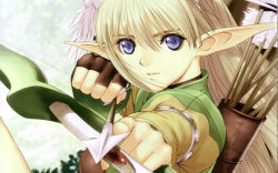 Rule 34 | 1girl, aiming, aiming at viewer, archery, arrow (projectile), blonde hair, blue eyes, bow (weapon), day, drawing bow, elf, elwing, fingerless gloves, foreshortening, from side, gem, gloves, hair between eyes, head wings, highres, holding, holding bow (weapon), holding weapon, marksman, outdoors, pointy ears, pov, red gemstone, sega, shining (series), shining tears, solo, tony taka, wallpaper, weapon, wings