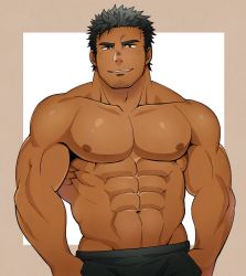 Rule 34 | 1boy, abs, bara, bare pectorals, biceps, black eyes, black hair, dark-skinned male, dark skin, ezaki papiko, facial hair, highres, large pectorals, looking at viewer, male focus, muscular, muscular male, navel, nipples, original, pants, pectoral cleavage, pectorals, sideburns, smile, solo, spiked hair, stubble, thick arms, thick eyebrows