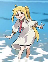 Rule 34 | 1girl, :d, absurdres, blonde hair, blush, dress, happy, highres, ijichi nijika, long hair, looking at viewer, mitche, necktie, ocean, open mouth, ponytail, red eyes, smile, solo, standing, v