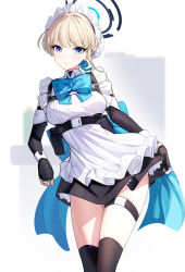 Rule 34 | 1girl, black dress, black gloves, black thighhighs, blonde hair, blue archive, blue eyes, blue halo, breasts, bun cover, closed mouth, commentary, dress, elbow gloves, feet out of frame, fingerless gloves, gloves, hair bun, halo, highres, looking at viewer, maid, maid headdress, medium breasts, ririko (zhuoyandesailaer), short hair, single hair bun, solo, thigh strap, thighhighs, thighs, toki (blue archive), white background
