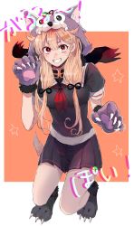 Rule 34 | 1girl, absurdres, animal hands, black ribbon, black serafuku, black skirt, blonde hair, clenched teeth, full body, gloves, hagioshi, hair flaps, hair ornament, hair ribbon, hairclip, highres, kantai collection, long hair, looking at viewer, neckerchief, paw gloves, paw shoes, poi, red background, red eyes, red neckerchief, ribbon, school uniform, serafuku, skirt, solo, star (symbol), starry background, tail, teeth, two-tone background, white background, wolf hood, wolf tail, yuudachi (kancolle), yuudachi kai ni (kancolle)
