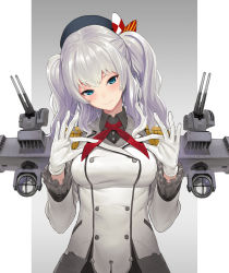 Rule 34 | 10s, 1girl, bad id, bad pixiv id, beret, blue eyes, blush, breasts, buttons, epaulettes, frilled sleeves, frills, gloves, hat, kantai collection, kashima (kancolle), kerchief, ladic, large breasts, military, military uniform, miniskirt, pleated skirt, red ribbon, ribbon, sidelocks, silver hair, skirt, smile, solo, tsurime, twintails, uniform, wavy hair, white gloves